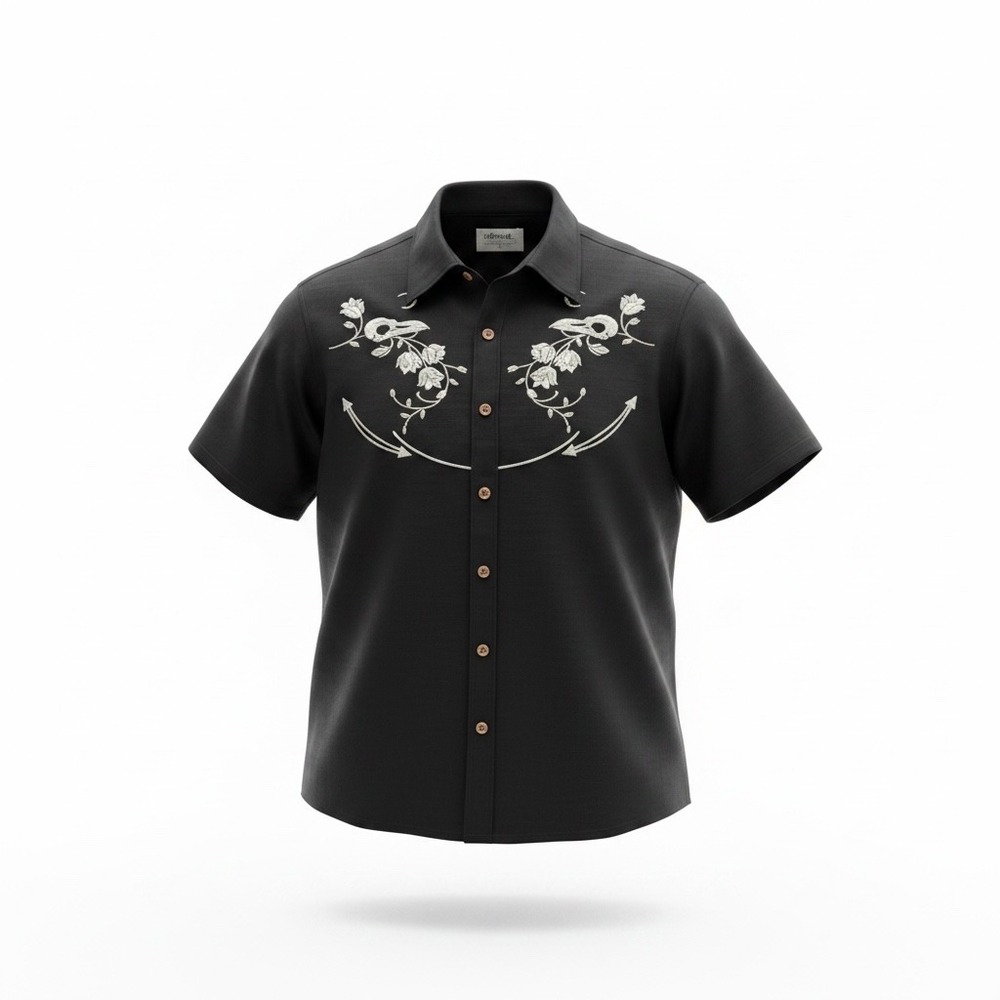 Boozelele Mens Black Cotton Embroidered Western Short Sleeve Shirt Skulls Small